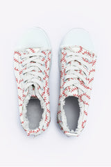 White Baseball Seam Printed Frayed Canvas Shoes