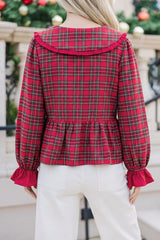 Red Plaid Tie Neck Ruffle Cuffs Long Sleeve Shift Blouse