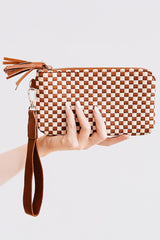 Chestnut Checkered Woven Clutch Wristlet PU Leather Large Size Patterned Wallet