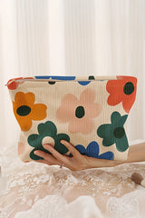 White Floral Print Corduroy Minimalist Storage Bag
