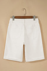 White Solid Color Rolled Cuffs Denim Bermuda Shorts