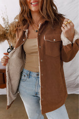 Cinnamon Fleece Lined Buttoned Flap Pockets Corduroy Jacket