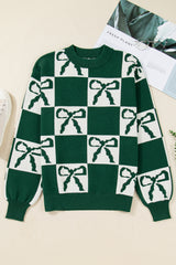 Blackish Green Checkered Bow Print Casual Sweater