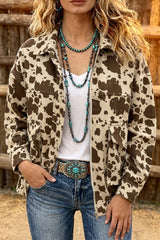 Brown Western Cow Print Cargo Pocket Denim Jacket