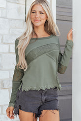 Sage Green Solid Color Waffle Ribbed Lace Patchwork Long Sleeve Top