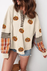 Beige Sequined Pumpkin Face Patched Henley Waffle Top