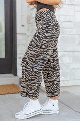 Gray Zebra Stripe Printed Wide Leg Barrel Jeans