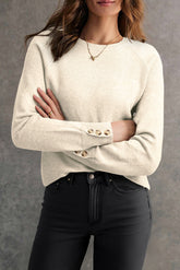 White Buttoned Bishop Sleeve Crew Neck Sweater