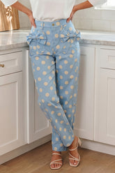 Sky Blue Polka Dot Print Bow Detail Pocketed Barrel Jeans