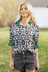 Green Damask Print Ruffled Color Block Detail Half Sleeve Blouse