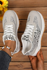 White Mix Texture Patchwork Leopard Detail Lace Up Sneakers