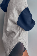 Light Grey Colorblock Patchwork V Neck Drawstring Hoodie