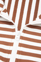 Brown Stripe Color Block Patchwork Quarter Zip Pullover Sporty Shorts Set