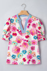 Beige Floral Print Short Puff Sleeve Striped Trim V Neck Blouse