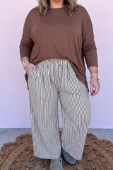 Black Stripe Plus Size Tie Waist Loose Pants