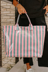 Blackish Green Glossy Striped Vinyl Large Tote Bag (Color Varied)