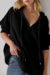 Black Oversize Waffle Drop Shoulder Exposed Seam V Neck Hoodie