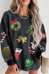 Black Christmas Graphic Sequins Patch Corded Sweatshirt