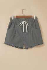 Black Stripe Raw Edge Drawstring Elastic Waist Casual Denim Shorts