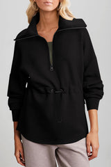 Black Half Zip Large Collar Drawstring Waist Pullover Sweatshirt