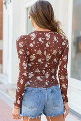 Brown Floral Print Sheer Mesh Long Sleeve Top