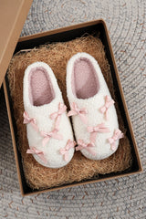 White Ribbed Bow Decor Plush House Slipper