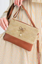 Beige Pearl Bow Decor Woven Patchwork Shoulder Bag