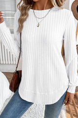 White Ribbed Texture Round Neck Long Sleeve Rounded Hem Top