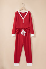Fiery Red Contrast Trim Button V Neck Ribbon Bow Knot Waist 2pcs Lounge Pant Set