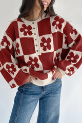 Thai Curry Flower Plaid Henley Baggy Sweater