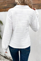 White Solid Color Zipper V Neck Pullover Sweatshirt