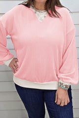 Pink Ribbed Knit Colorblock Long Sleeve Round Neck Plus Size Blouse
