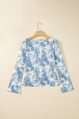Sky Blue Long Sleeve Leopard Print Round Neck Sheath Top