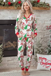 White Christmas Pattern Button V Neck Pullover Drawstring Pants 2pcs Lounge Set