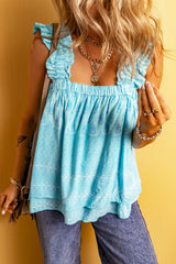 Sky Blue Floral Print Ruffled Wide Strap Loose Top