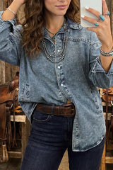 Dusk Blue Western Long Sleeve Shirt Collar Tunic Denim Jacket