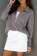 Gray Waffle Texture Collar Half Zip Pocketed Drop Shoulder Sweatshirt