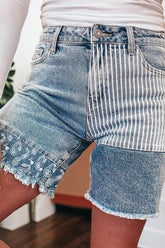 Sky Blue Striped Paisley Mixed Patchwork Raw Hem Denim Shorts