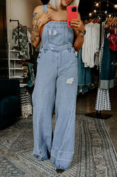Mist Blue Retro Distressed Button Adjustable Straps Denim Overall Jumpsuit