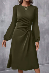 Jungle Green Solid Color Ruched Detail Long Sleeve Midi Dress