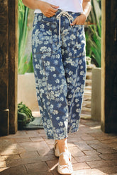 Sky Blue Dainty Floral Printed Drawstring Barrel Jeans