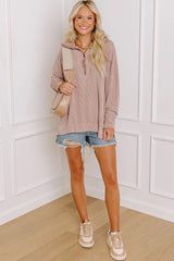 Oatmeal Twist Ribbed Zipper Collar Drop Shoulder Long Sleeve Top