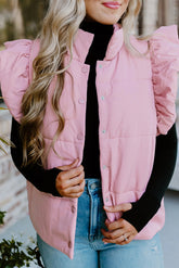 Pink Stand Neck Flutter Sleeve Snap Button Puffer Vest