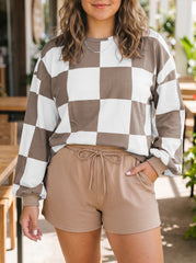 Khaki Checkered Contrast Long Sleeve Top Solid Shorts Plus Size 2pcs Set