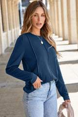 Navy Blue Solid Exposed Seam Crew Neck Long Sleeve Top