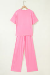 Sachet Pink Solid Cover Oversize Tee Pocketed Casual Pants 2pcs Outfit