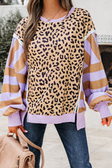 Khaki Stripe Color Block Patchwork Leopard Casual Sweatshirt with Slits