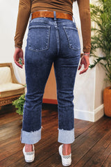 Real Teal Folded Cuffs Distressed Straight High Waist Jeans
