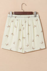 White Bow Print Lace Drawstring Elastic Waistband Casual Shorts