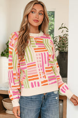 Rose Love Lines Pattern Crew Neck Puff Sleeve Sweater